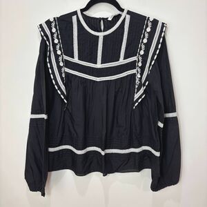 Zara Black Embroidered Lace Top sz S Peasant Romantic Airy Oversized Victorian